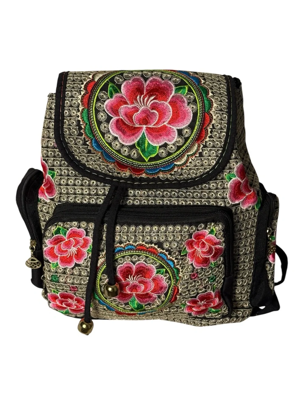 Embroidered Floral Bohemian handcrafted Drawstring Backpack - Pink/Black 12”by10